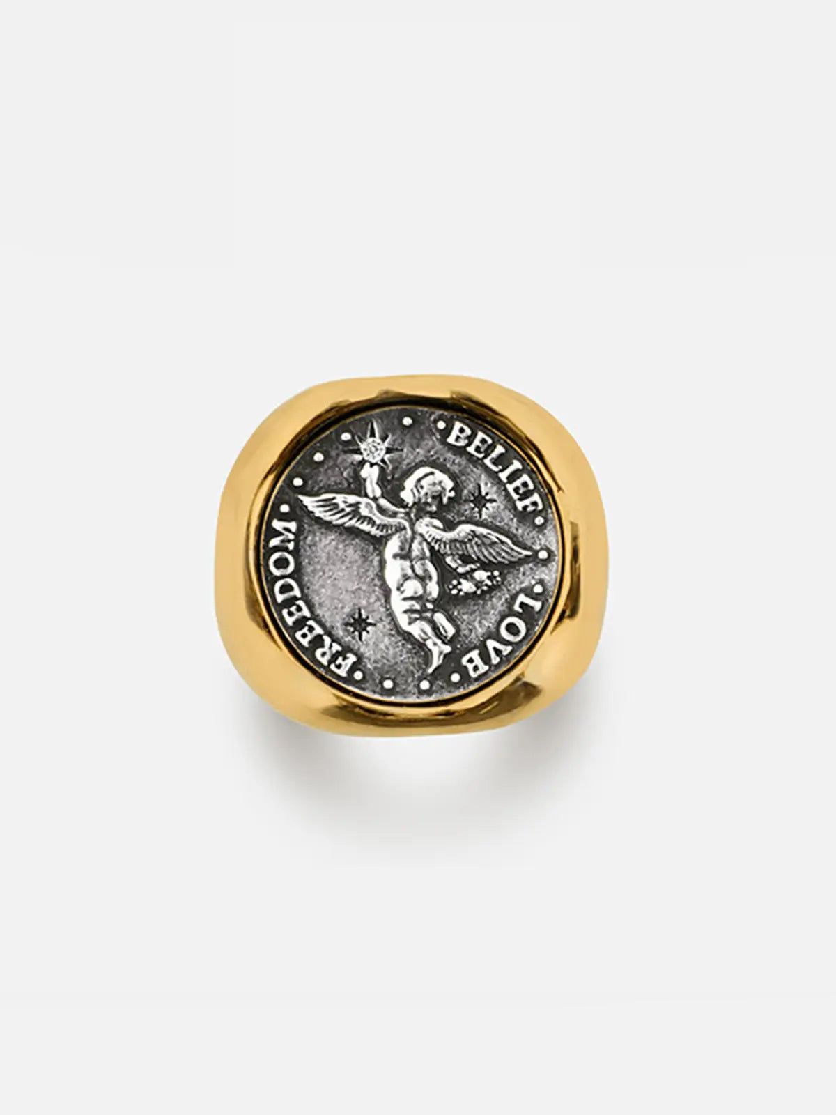 Close-up detail of the Tactilery Angel Coin Ring on a white background showing the full engraved classical angel relief face with rope-twist border and polished gold finish