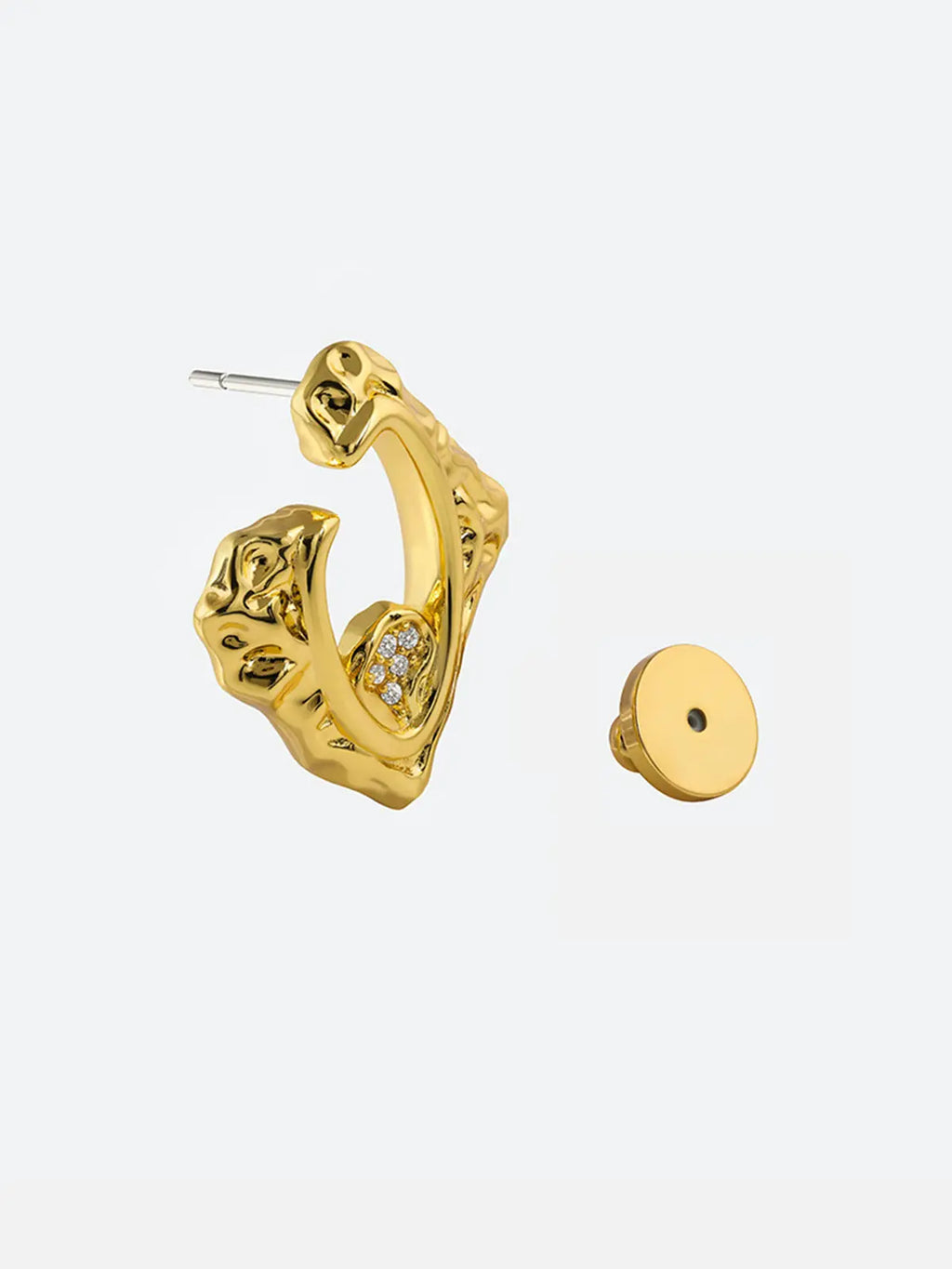 Single Tactilery Baroque Frame Stud Earring in polished gold on a white background displayed in profile with the gold disc butterfly back removed and placed beside it, showing the silver post pin at top and the three-dimensional depth of the angular diamond-shaped C-hoop with heavily textured molten baroque surface and open center frame