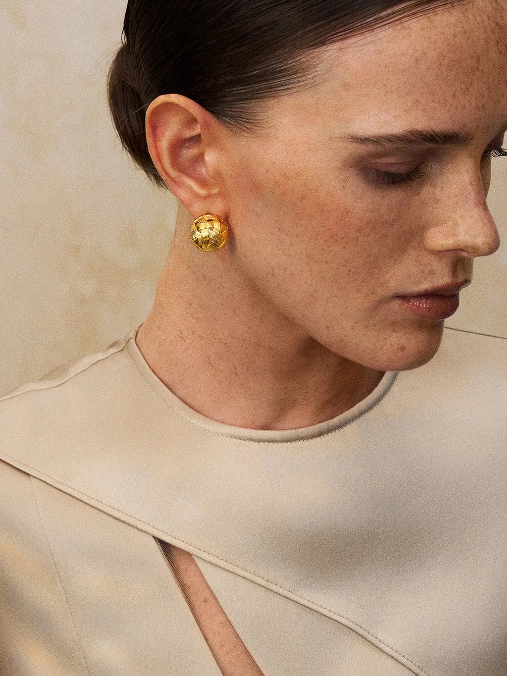 Brushed Woven Gold Ball Stud Earrings