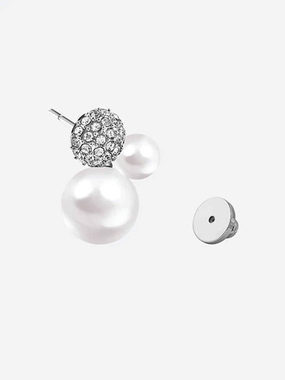 Single Tactilery Bubble Stud Earring in silver on a light grey background with the silver disc butterfly back removed and placed beside it, showing the silver post pin at top of the fully pavé zircon dome sphere and the cluster of small and large white pearl spheres below