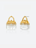Pair of Tactilery Evening Crystal Pouch Earrings in gold colorway on a white background, the miniature handbag stud with matte brushed gold ribbed dome upper body, gold loop handle at top, fully pavé zircon clasp band with central prong-set round zircon, and carved clear crystal ribbed lower body, with silver post pins