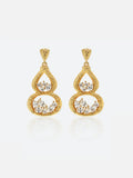Pair of Tactilery Gourd Texture Stud Earrings in matte brushed gold on a white background, the double-gourd drop stud with heavily sand-textured gold open frame — small teardrop upper chamber and larger oval lower chamber — each chamber holding a prong-set mixed-cut zircon cluster of marquise and round stones, suspended from a textured triangular gold stud top