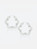 Pair of Tactilery Lace Court Earrings in polished silver on a white background, the large quatrefoil hoop with a scalloped four-lobe silhouette constructed from three concentric polished silver wire arches per lobe edged with fine beaded milgrain borders, prong-set marquise zircon accents at each lobe junction, and a small bezel-set round zircon at the base of each lobe, with hinged hoop post closure at top