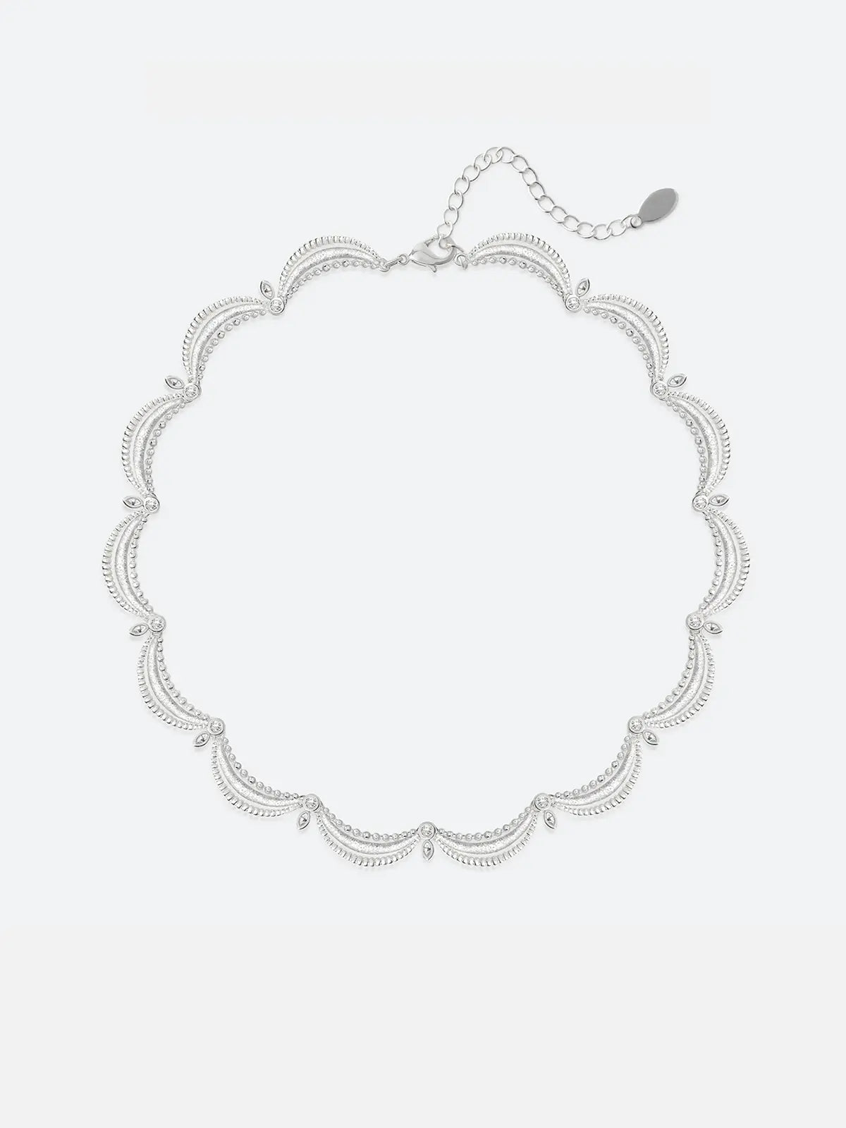 A Tactilery lace court necklace with small dangling beads and an extender chain, displayed on a clean white background.