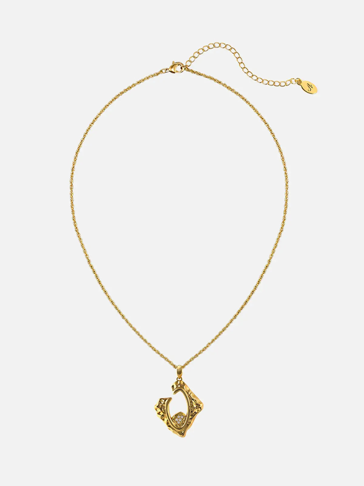 Tactilery Baroque Frame Necklace in polished gold displayed laid out flat on a white background showing the full necklace length, the polished gold twisted rope chain extending the full length with the lobster clasp and oval tag charm extension chain at top and the abstract diamond-shaped open-frame pendant with irregular molten gold border and small pavé zircon flower cluster accent at bottom