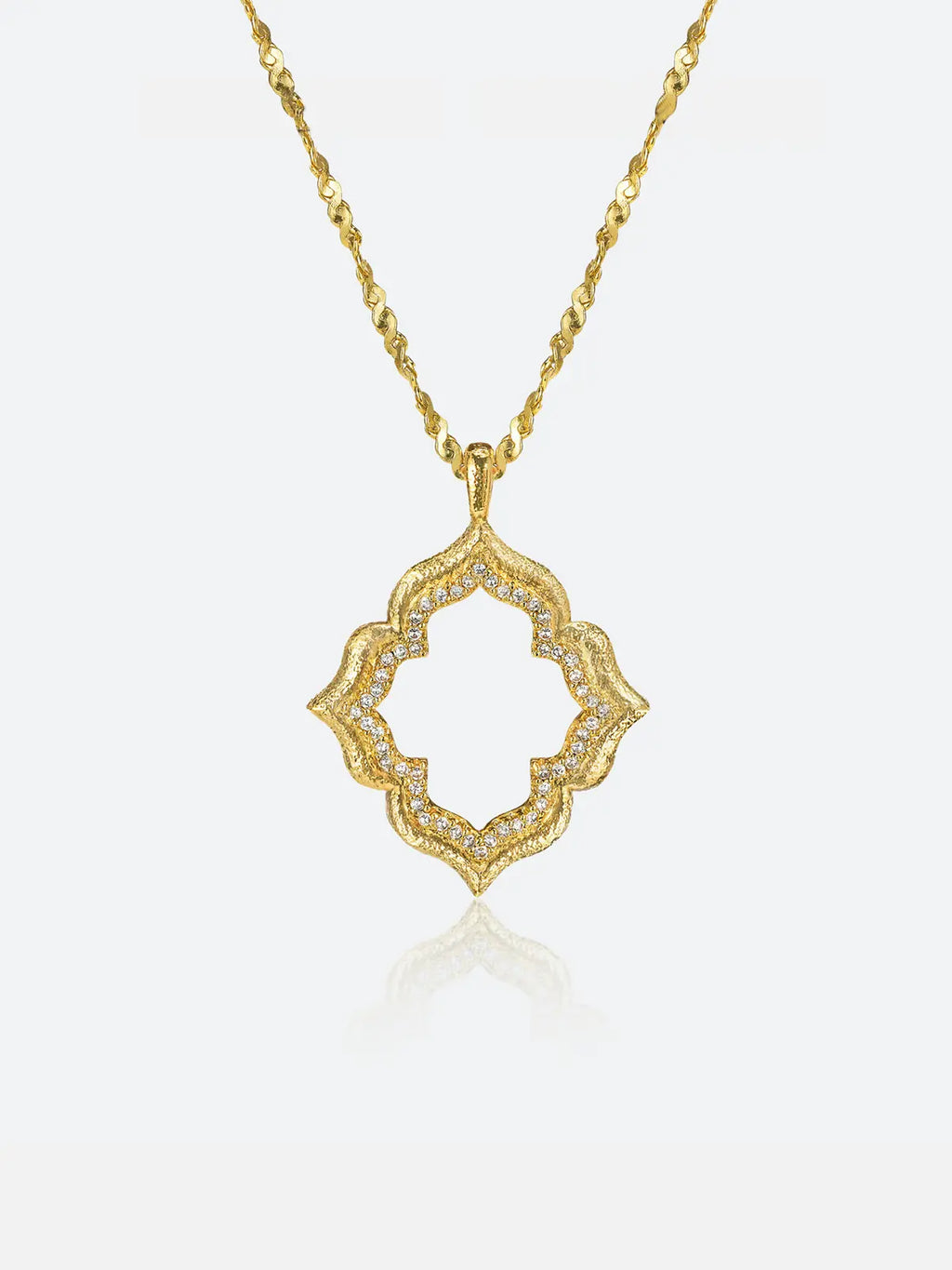 Tactilery Persimmon Calyx Openwork Necklace in polished gold on a white background, the large open-frame four-lobe persimmon calyx flower pendant — each lobe formed by a wide matte sand-textured gold border with a deeply scalloped inner edge lined with continuous pavé zircons, the open interior of each lobe revealing the scalloped pavé zircon inner border — suspended from a fine polished gold twisted petal-link chain with a lobster clasp and oval tag charm extension chain