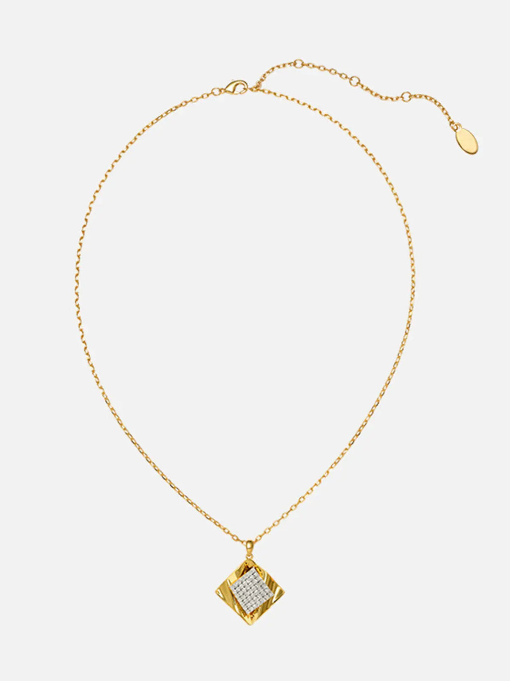 Tactilery Streamer Wave Diamond Necklace in polished gold displayed laid out flat on a white background showing the full necklace length, the fine polished gold cable chain extending the full length with the lobster clasp and oval tag charm extension chain at top and the square diamond-shaped pendant with wave-rippled polished gold outer frame and central square pavé zircon panel at bottom center
