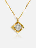 Tactilery Streamer Wave Diamond Necklace in polished gold on a white background, the square diamond-shaped pendant with a deeply wave-rippled polished gold outer frame — the four corners curling inward in a fluid streamer wave motion — centered by a large square pavé zircon panel set in a grid of channel-set round zircons, suspended from a fine polished gold cable chain with a lobster clasp and oval tag charm extension chain