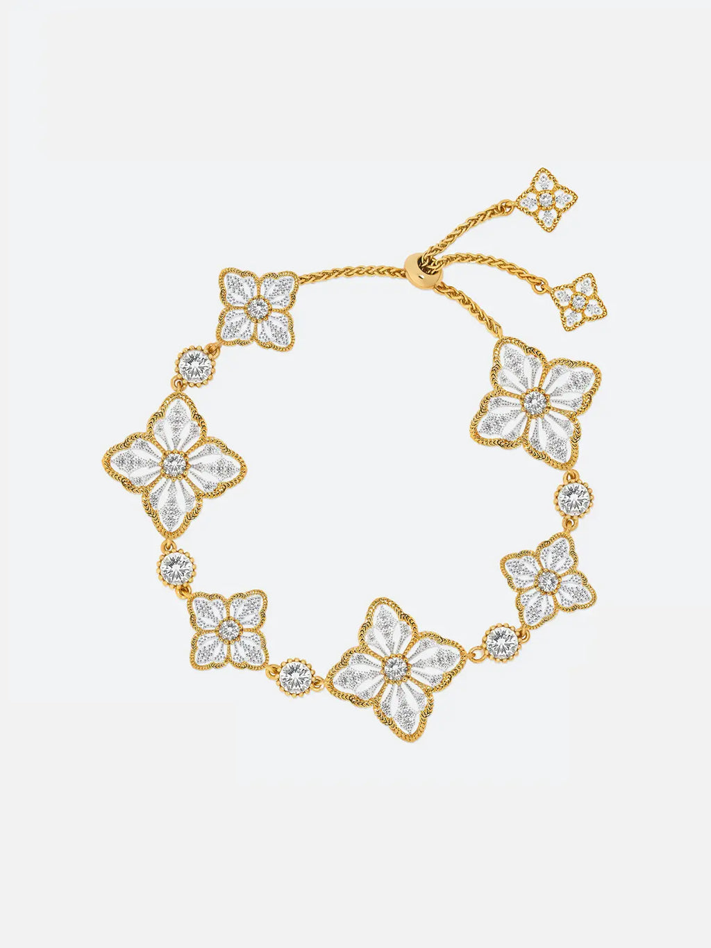 A Tactilery two-tone persimmon calyx bracelet featuring multiple flower motifs paved with clear stones, displayed on a clean light gray background.