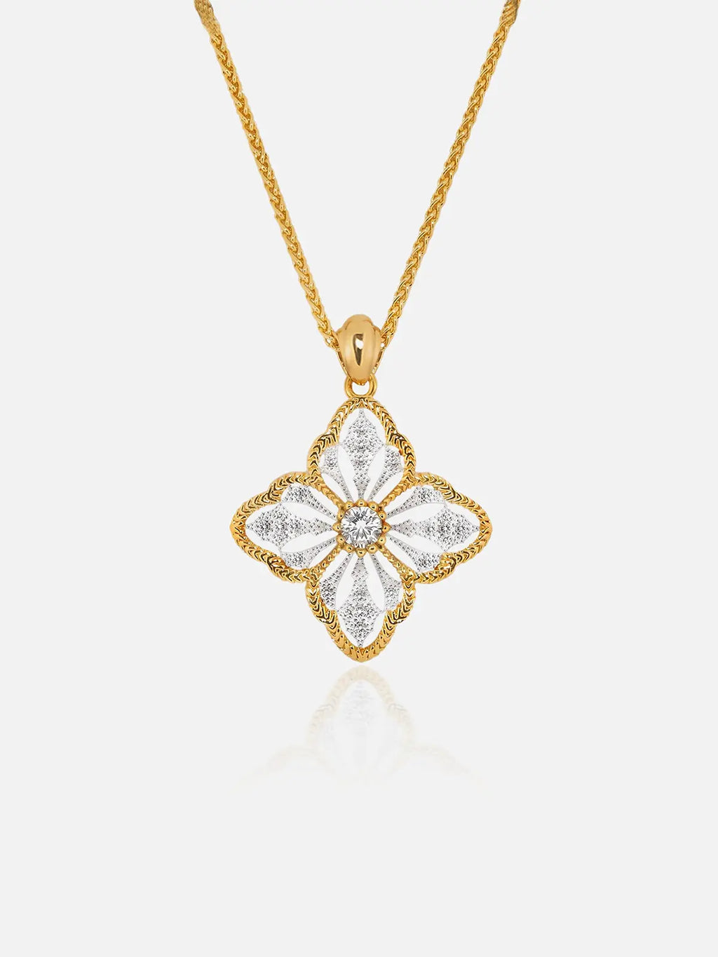 Tactilery Two-Tone Persimmon Calyx Necklace in polished gold and matte brushed silver on a white background, the large two-tone four-petal persimmon calyx flower pendant — the matte brushed silver openwork petal body edged by a fine polished gold milgrain rope border, a central prong-set large round zircon — suspended from a polished gold twisted rope chain with a lobster clasp and oval tag charm extension chain