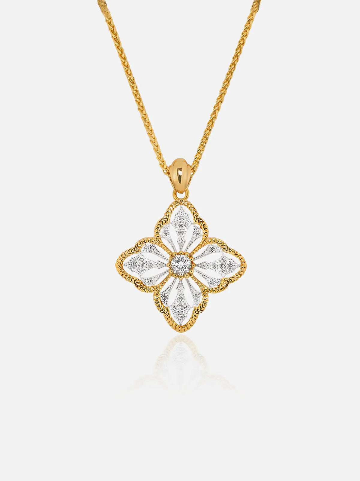 Tactilery Two-Tone Persimmon Calyx Necklace in polished gold and matte brushed silver on a white background, the large two-tone four-petal persimmon calyx flower pendant — the matte brushed silver openwork petal body edged by a fine polished gold milgrain rope border, a central prong-set large round zircon — suspended from a polished gold twisted rope chain with a lobster clasp and oval tag charm extension chain